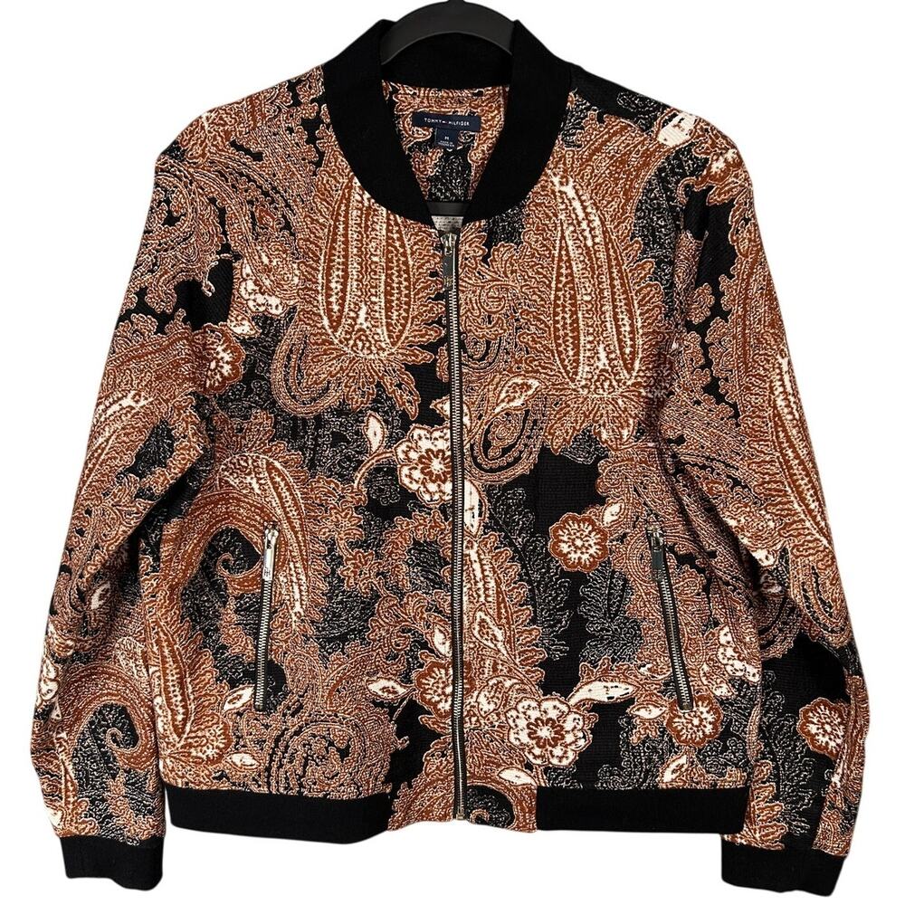 TOMMY HILFIGER W Med Full Zip Bomber Unique Paisley Floral Eclectic Tapestry EUC